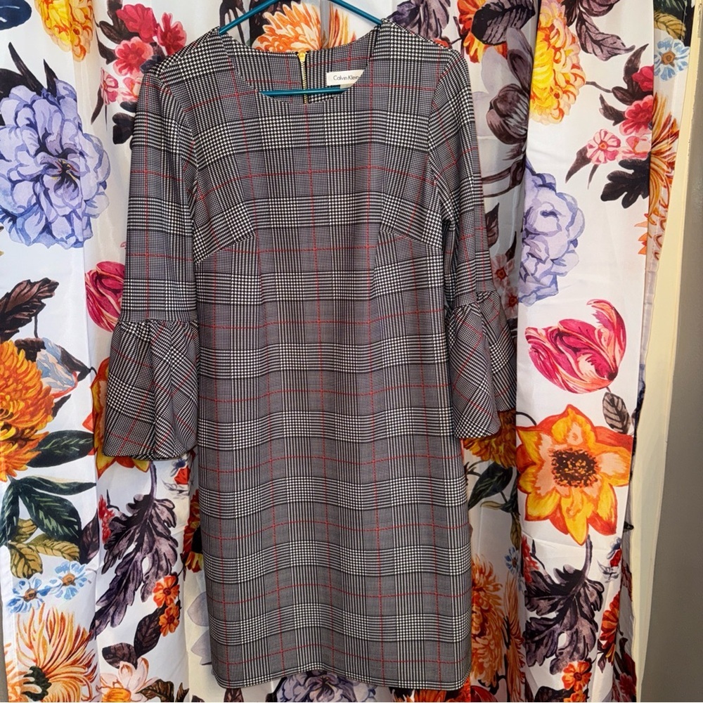 Calvin Klein Plaid Bell Sleeve Sheath Dress NWOT